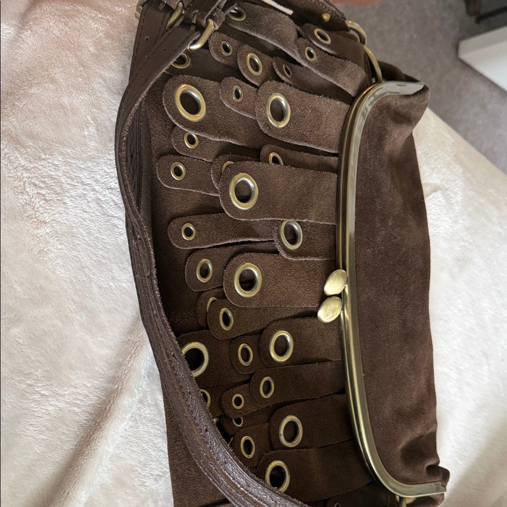 Maxx New York Brown Suede Shoulder Bag with Gold Details